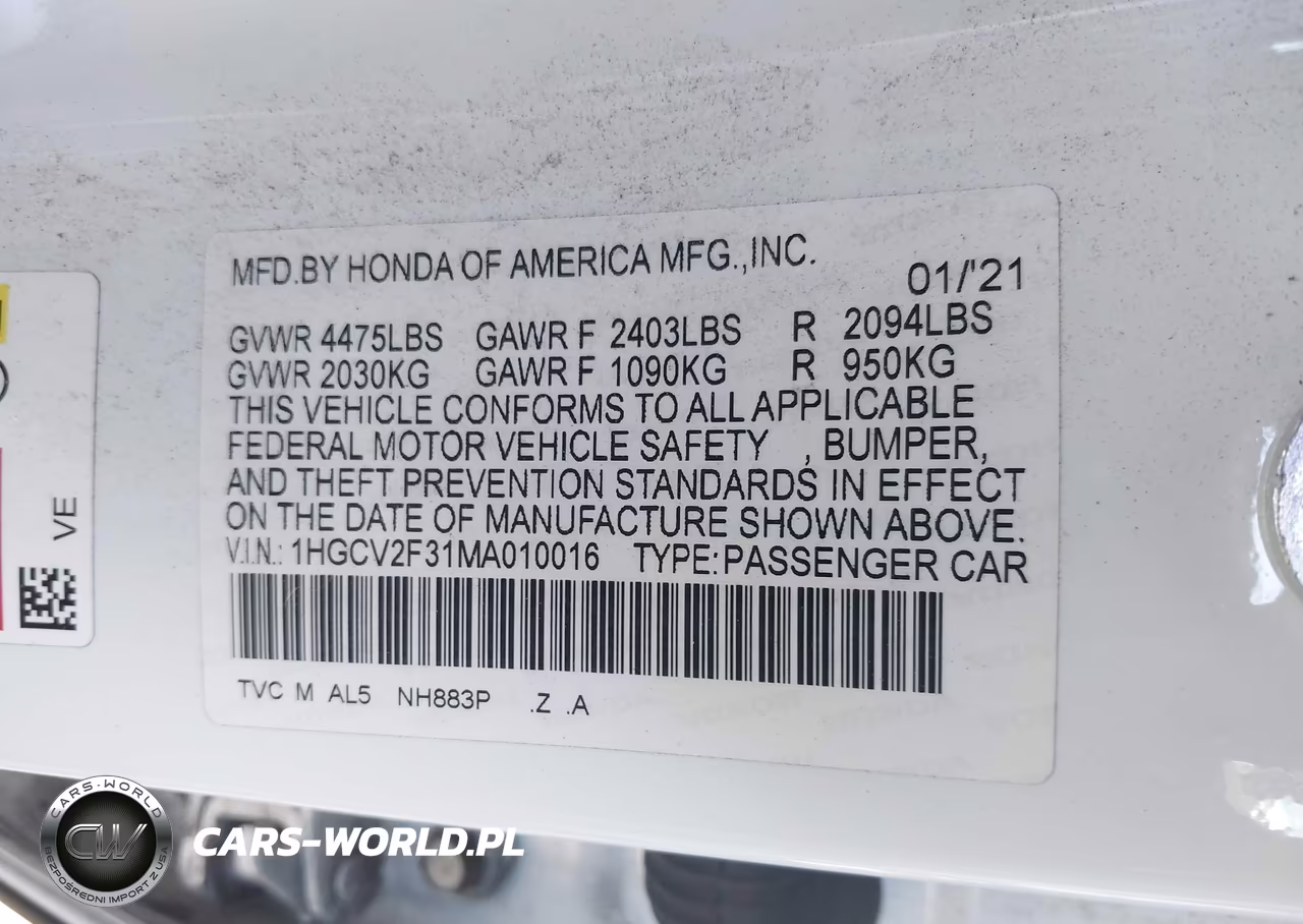 2021 Honda Accord Sport VIN:1HGCV2F31MA010016 - 9