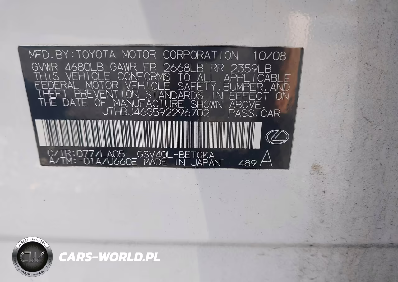 2009 Lexus Es 350 VIN:JTHBJ46G592296702 - 9