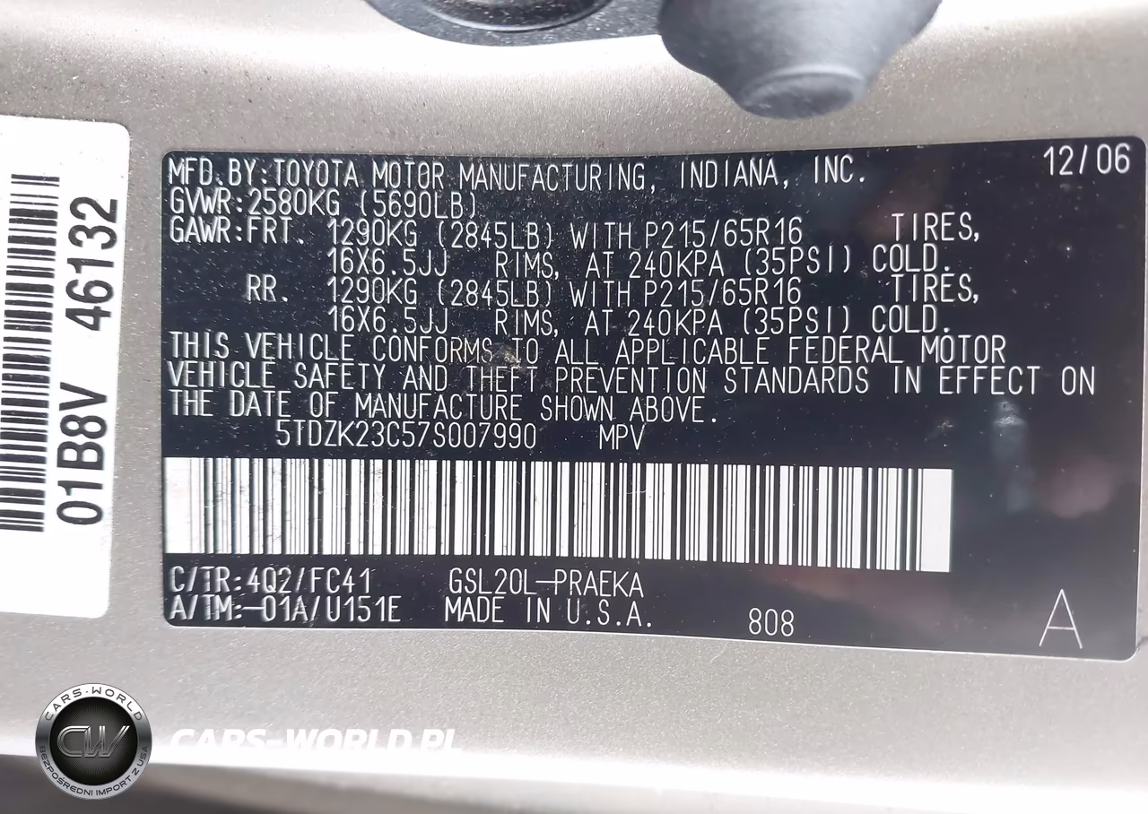 2007 Toyota Sienna Le VIN:5TDZK23C57S007990 - 9