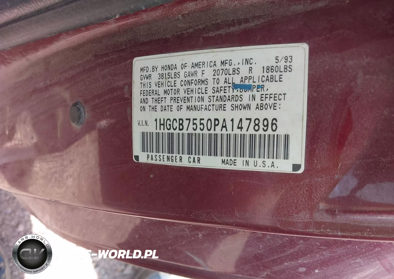 1993 Honda Accord Lx VIN:1HGCB7550PA147896 - 9