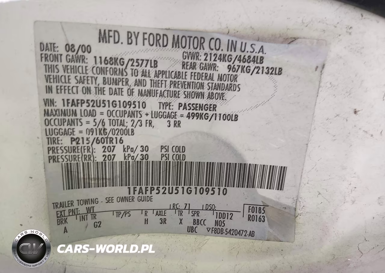 2001 Ford Taurus Lx VIN:1FAFP52U51G109510 - 9