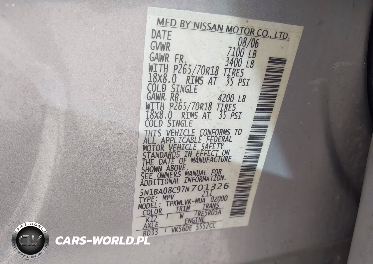 2007 Nissan Armada Le VIN:5N1BA08C97N701326 - 9