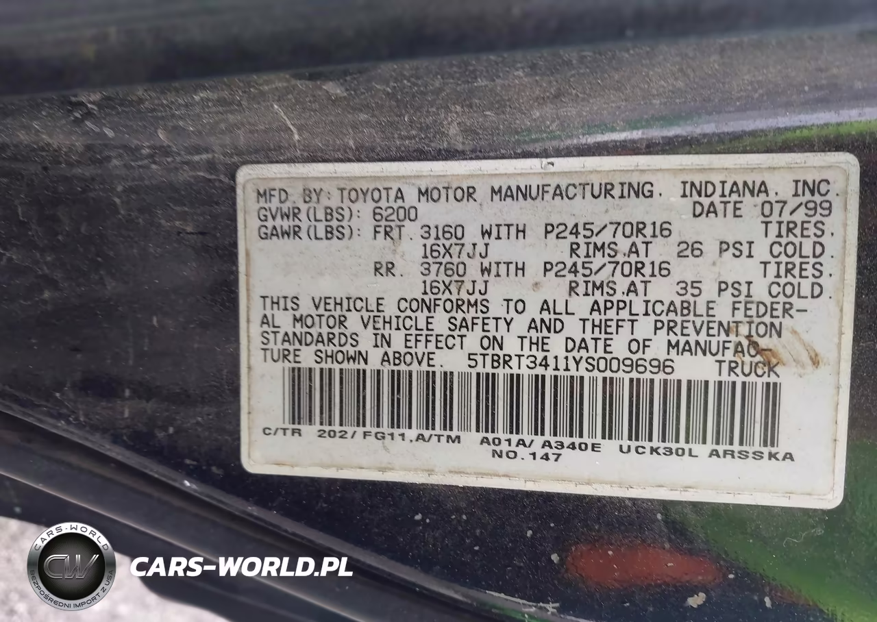 2000 Toyota Tundra Sr5 V8 VIN:5TBRT3411YS009696 - 9