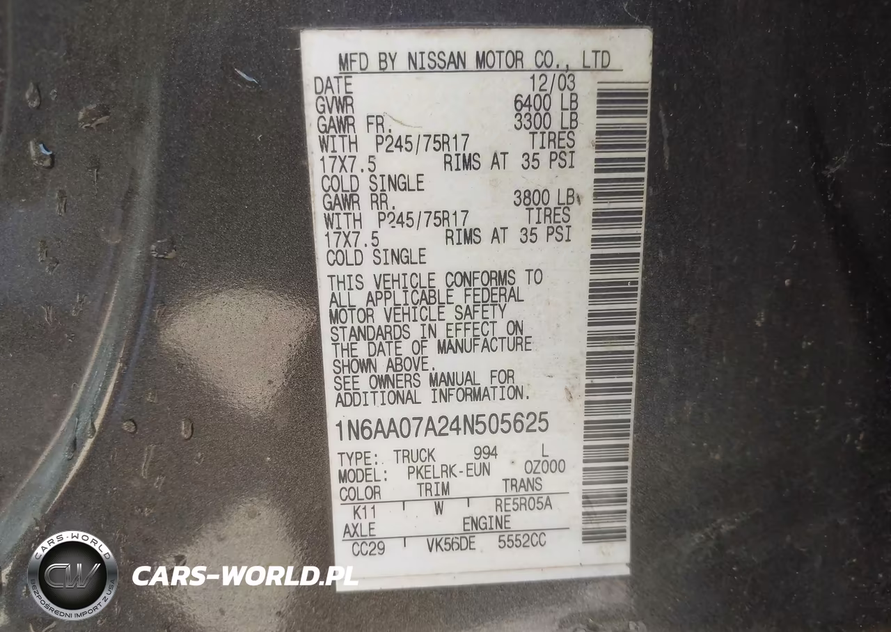 2004 Nissan Titan Xe VIN:1N6AA07A24N505625 - 9