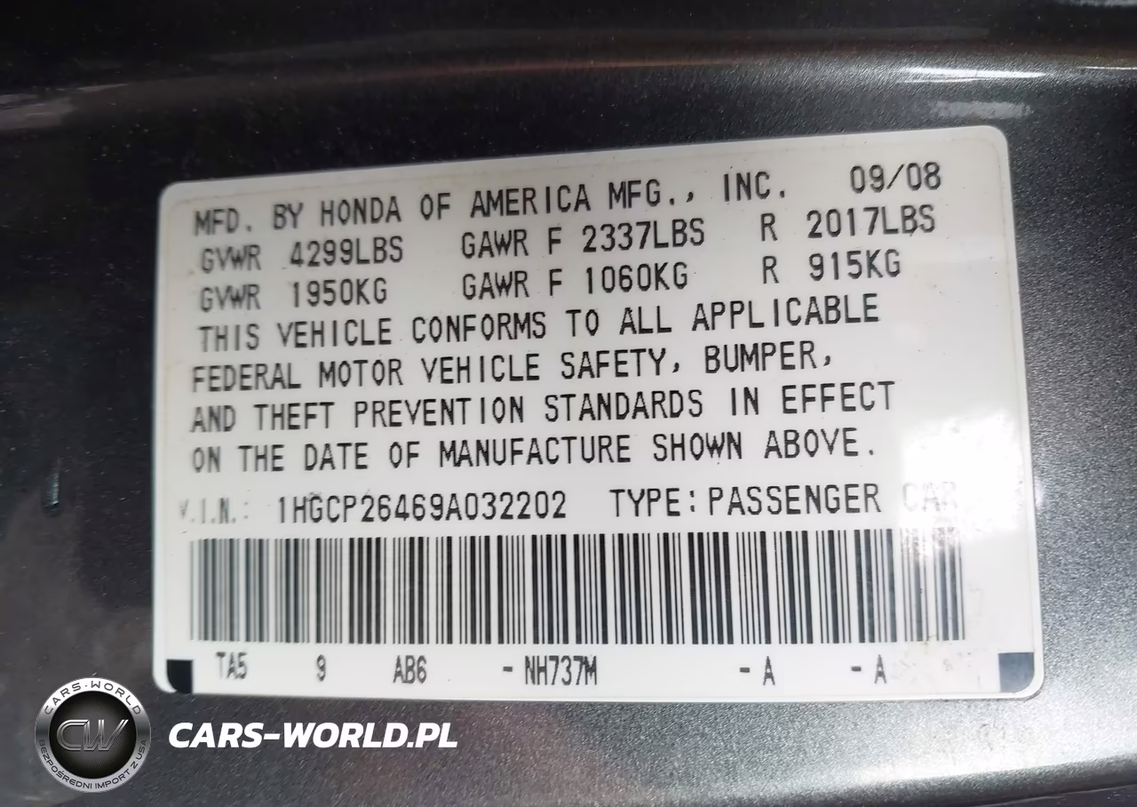 2009 Honda Accord 2.4 Lx-P VIN:1HGCP26469A032202 - 9