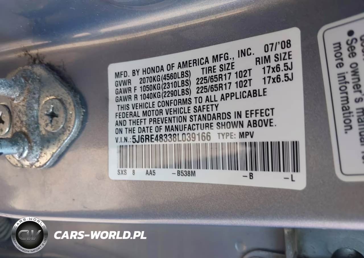 2008 Honda Cr-V Lx VIN:5J6RE48338L039166 - 9