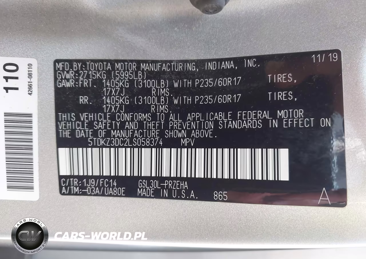 2020 Toyota Sienna Le VIN:5TDKZ3DC2LS058374 - 9