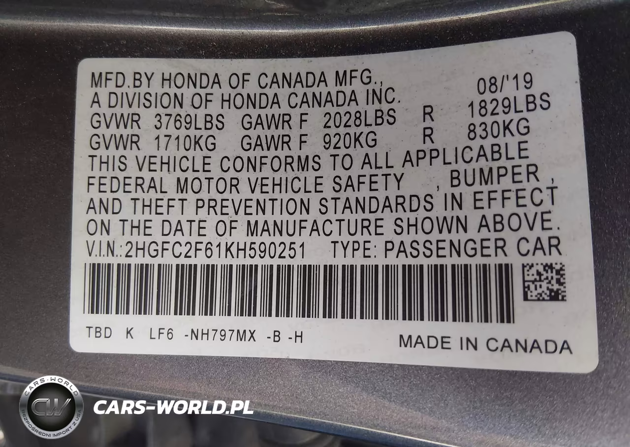 2019 Honda Civic Lx VIN:2HGFC2F61KH590251 - 9