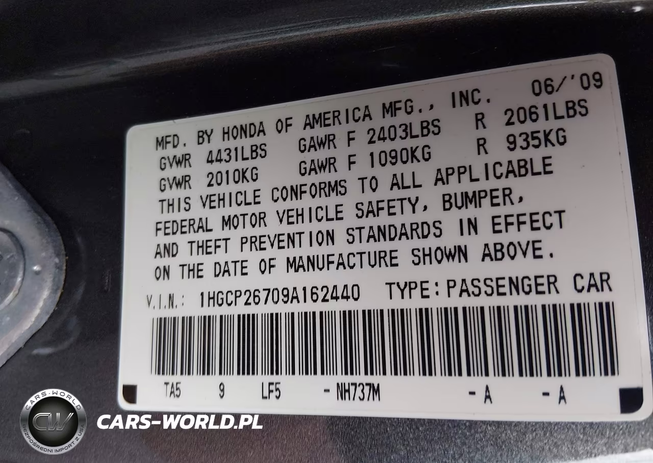 2009 Honda Accord 2.4 Ex VIN:1HGCP26709A162440 - 9