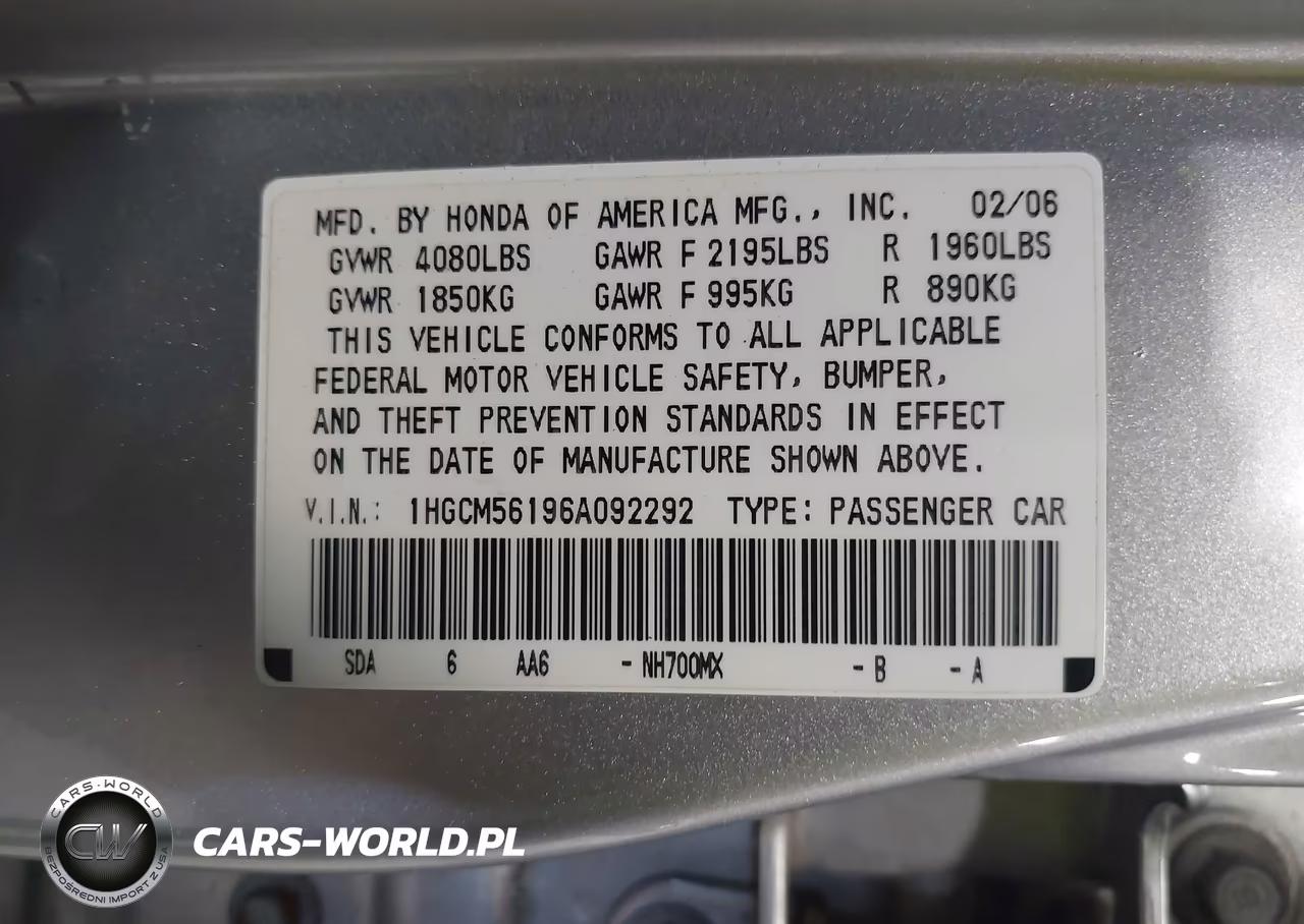 2006 Honda Accord 2.4 Vp VIN:1HGCM56196A092292 - 9
