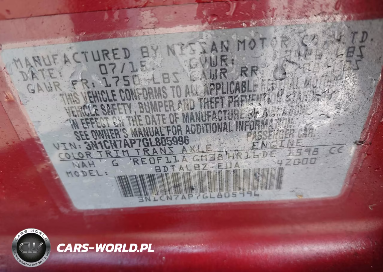 2016 Nissan Versa 1.6 S-1.6 S+-1.6 Sl-1.6 Sv VIN:3N1CN7AP7GL805996 - 9