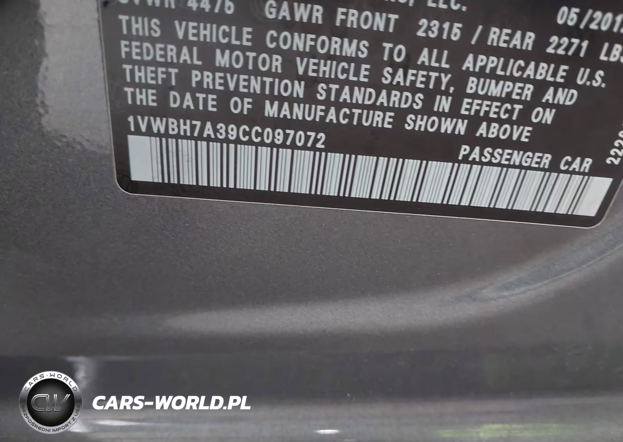 2012 Volkswagen Passat 2.5L Se VIN:1VWBH7A39CC097072 - 9