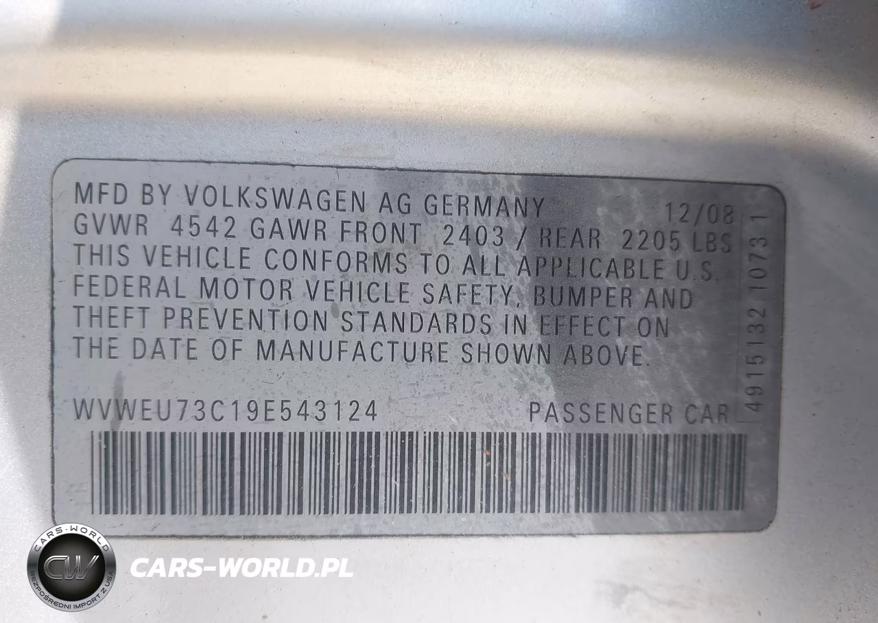 2009 Volkswagen Cc Vr6 Sport VIN:WVWEU73C19E543124 - 9