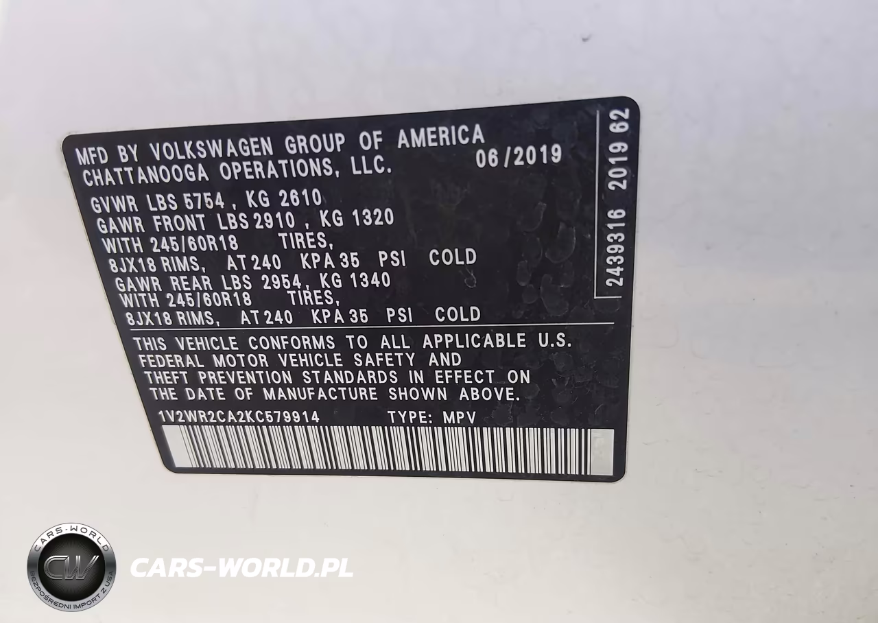 2019 Volkswagen Atlas 3.6L V6 Se W-Technology VIN:1V2WR2CA2KC579914 - 9