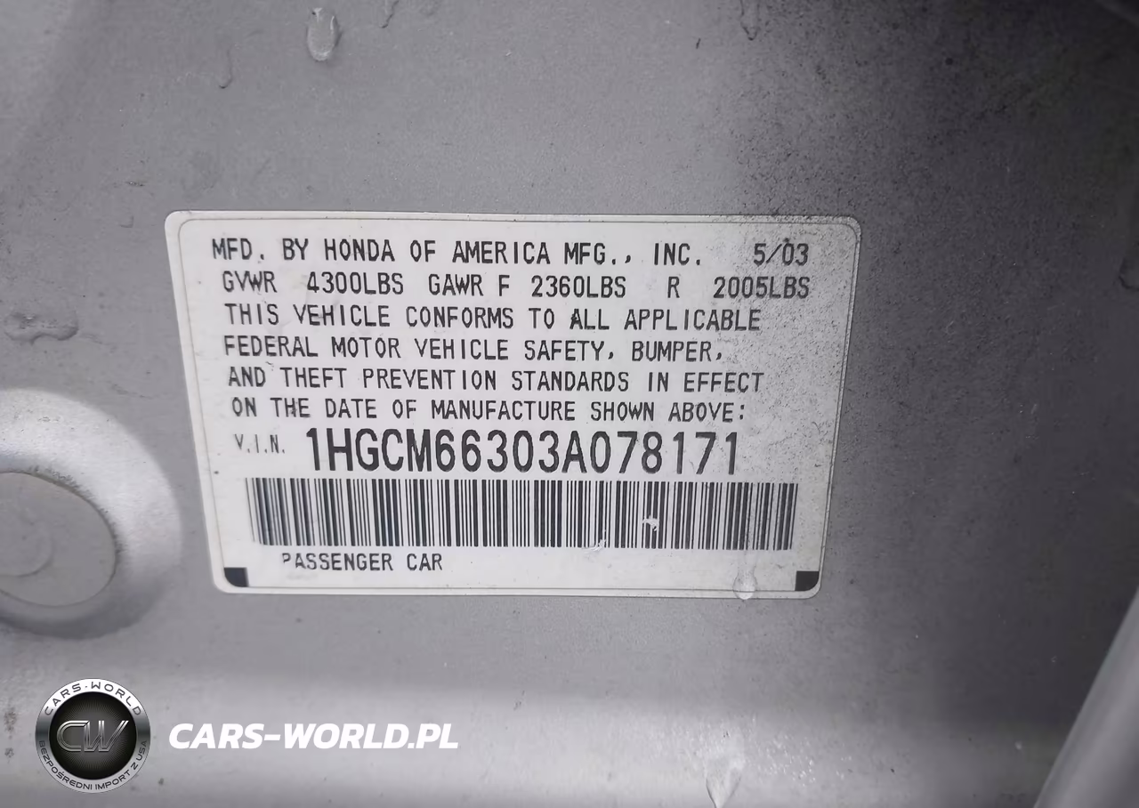 2003 Honda Accord 3.0 Lx VIN:1HGCM66303A078171 - 9