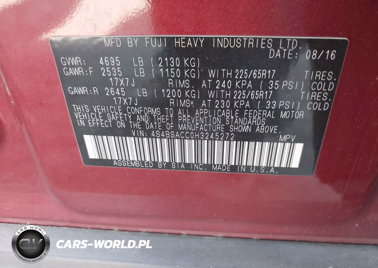2017 Subaru Outback 2.5I Premium VIN:4S4BSACC0H3245272 - 9