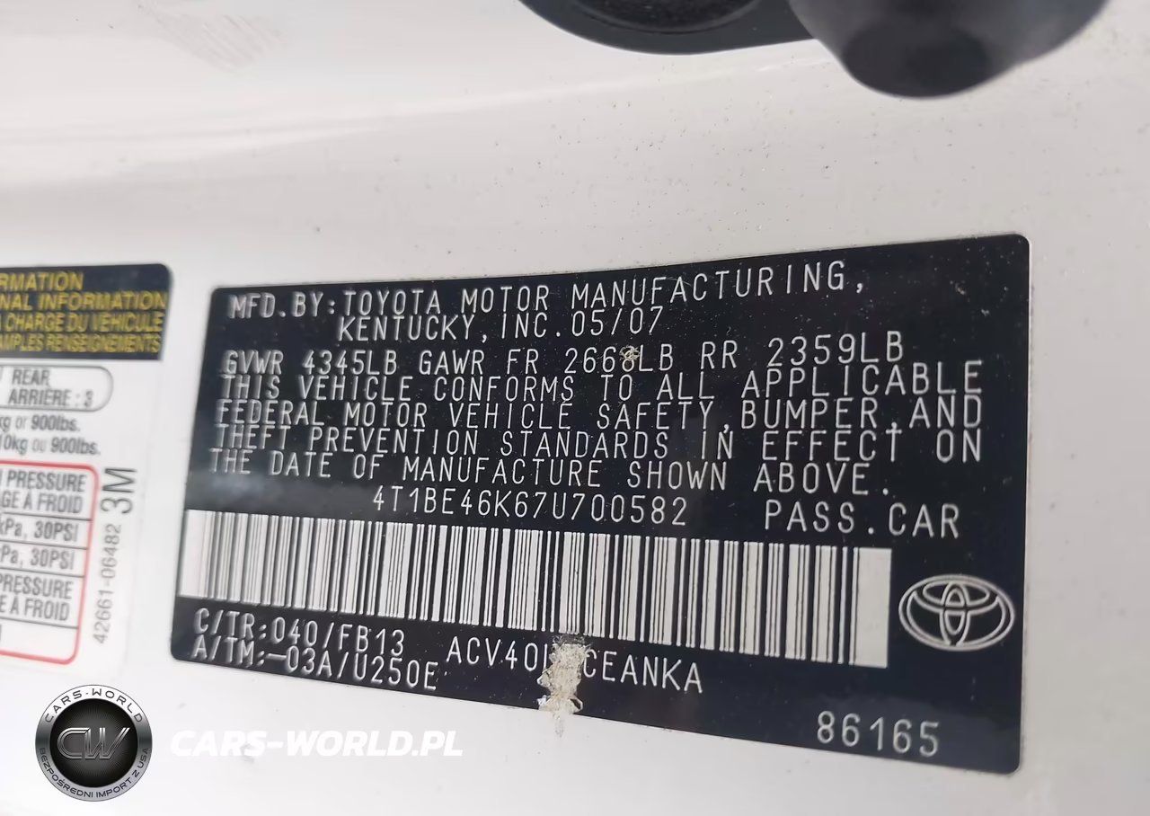 2007 Toyota Camry Le VIN:4T1BE46K67U700582 - 9