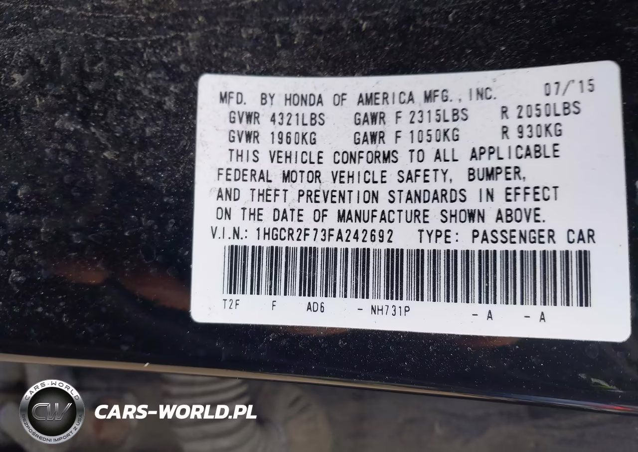 2015 Honda Accord Ex VIN:1HGCR2F73FA242692 - 9