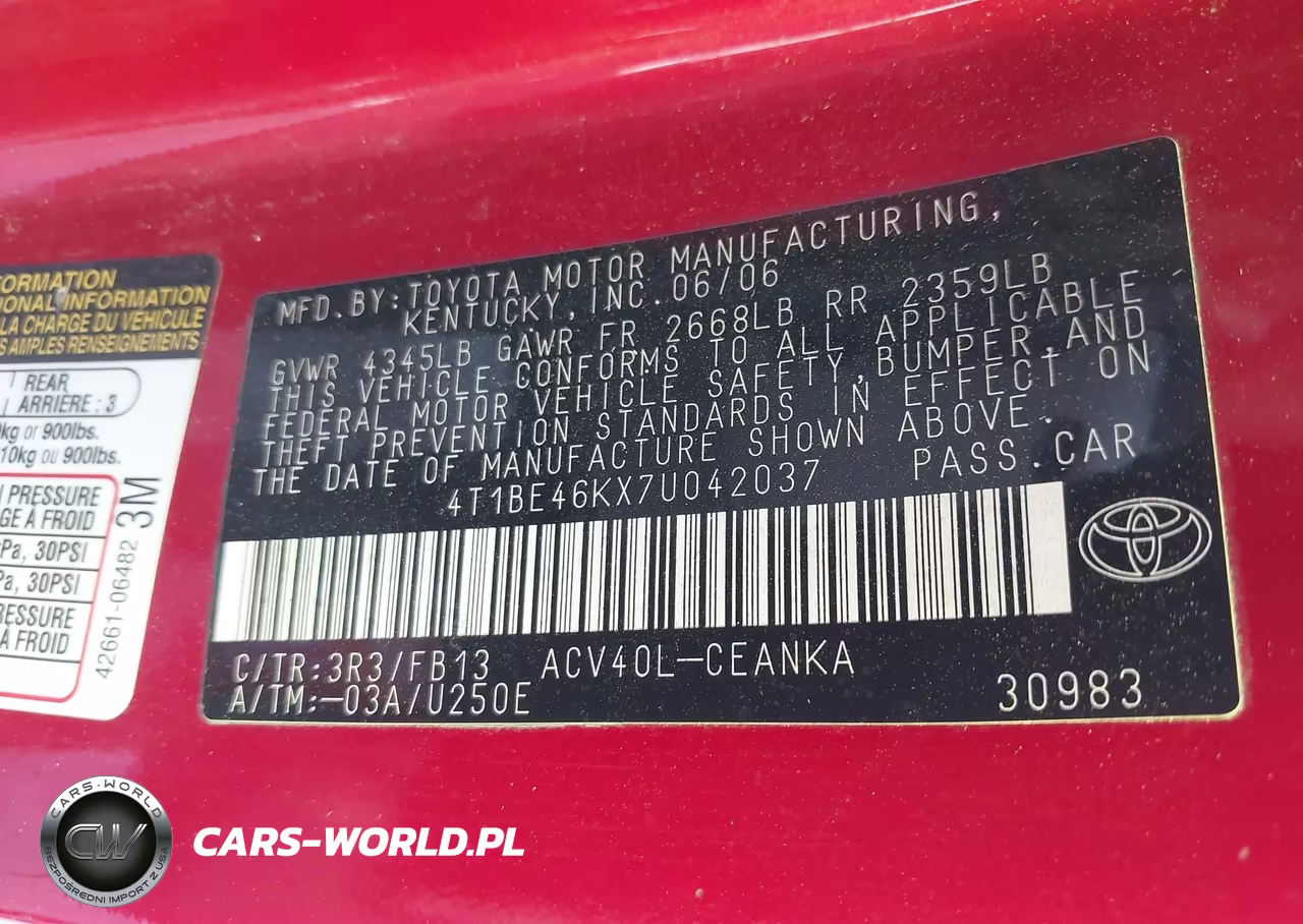 2007 Toyota Camry Le VIN:4T1BE46KX7U042037 - 9