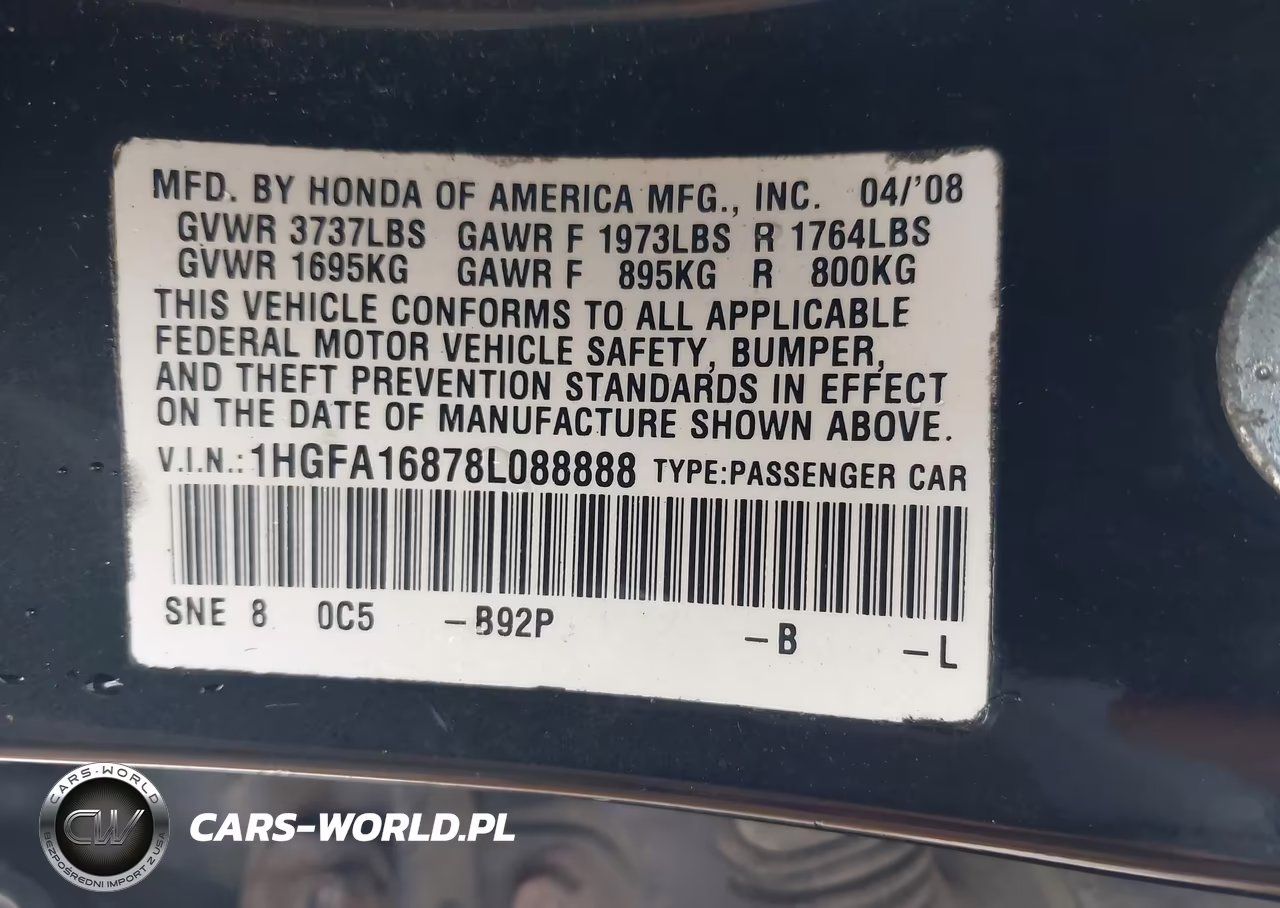 2008 Honda Civic Ex VIN:1HGFA16878L088888 - 9