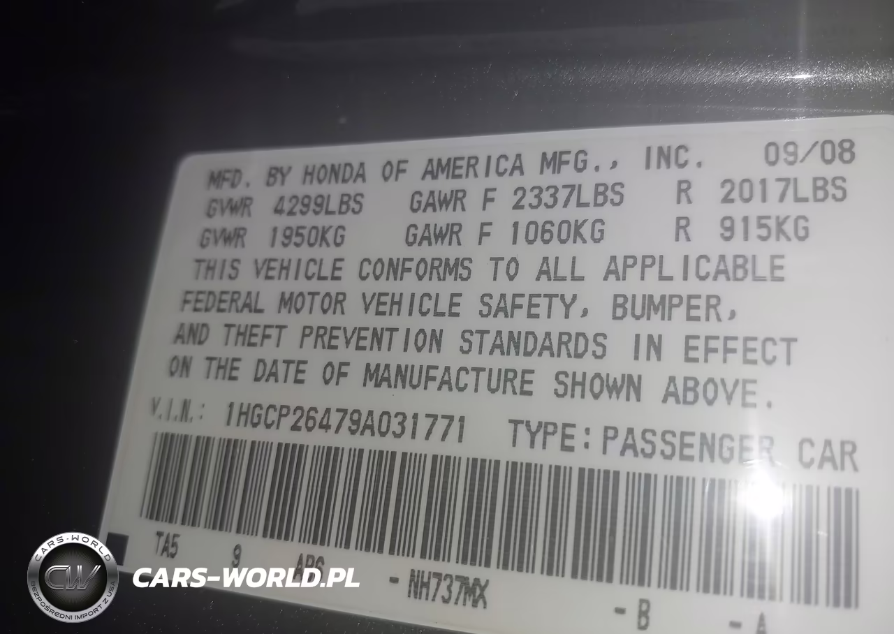 2009 Honda Accord 2.4 Lx-P VIN:1HGCP26479A031771 - 9