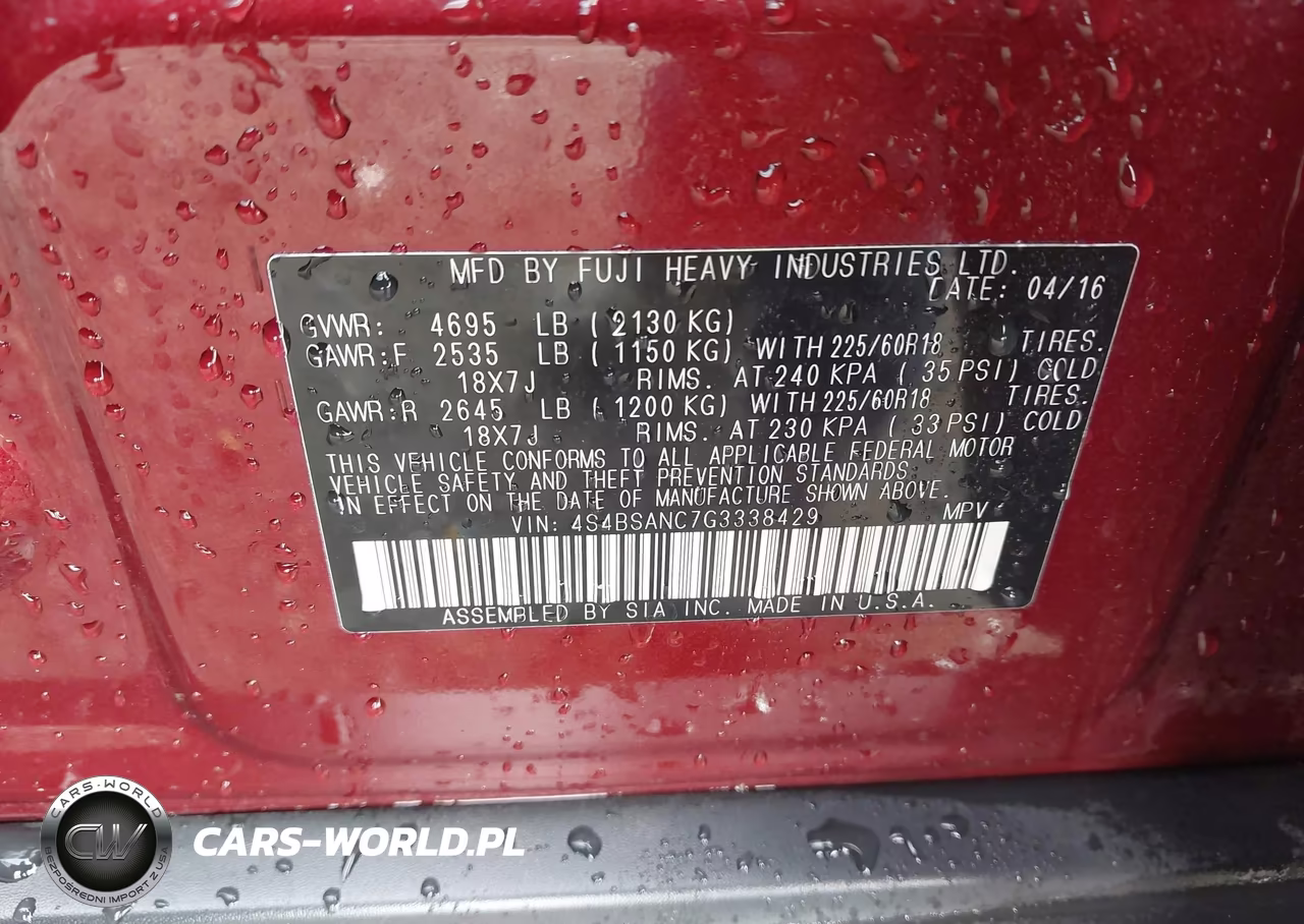 2016 Subaru Outback 2.5I Limited VIN:4S4BSANC7G3338429 - 9