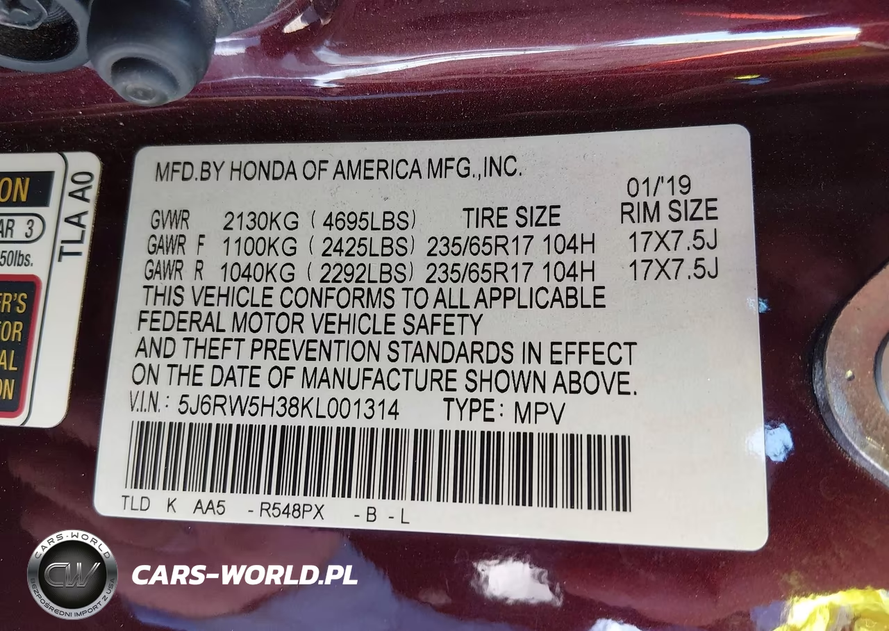 2019 Honda Cr-V Lx VIN:5J6RW5H38KL001314 - 9