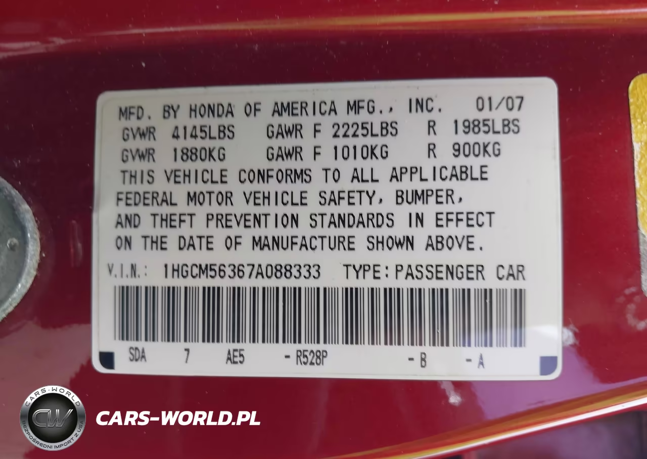 2007 Honda Accord 2.4 Se VIN:1HGCM56367A088333 - 9