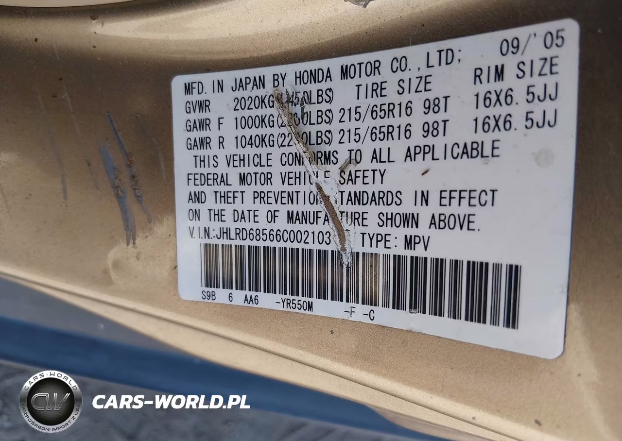 2006 Honda Cr-V Lx VIN:JHLRD68566C002103 - 9