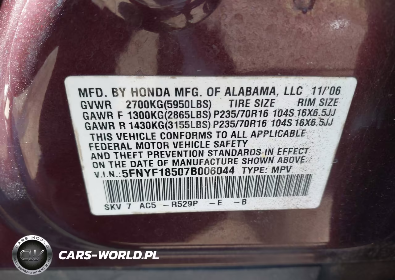 2007 Honda Pilot Exl VIN:5FNYF18507B006044 - 9