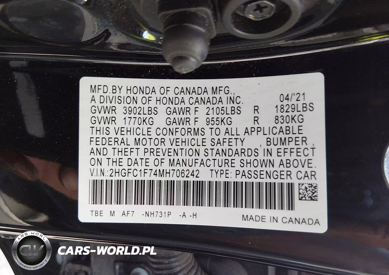 2021 Honda Civic Ex-L VIN:2HGFC1F74MH706242 - 9
