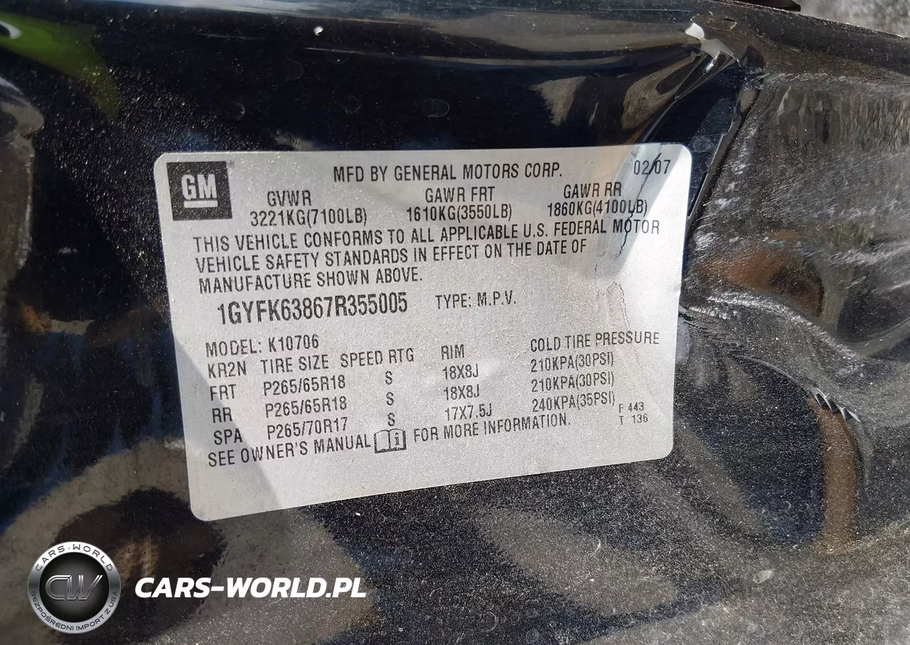 2007 Cadillac Escalade Standard VIN:1GYFK63867R355005 - 7