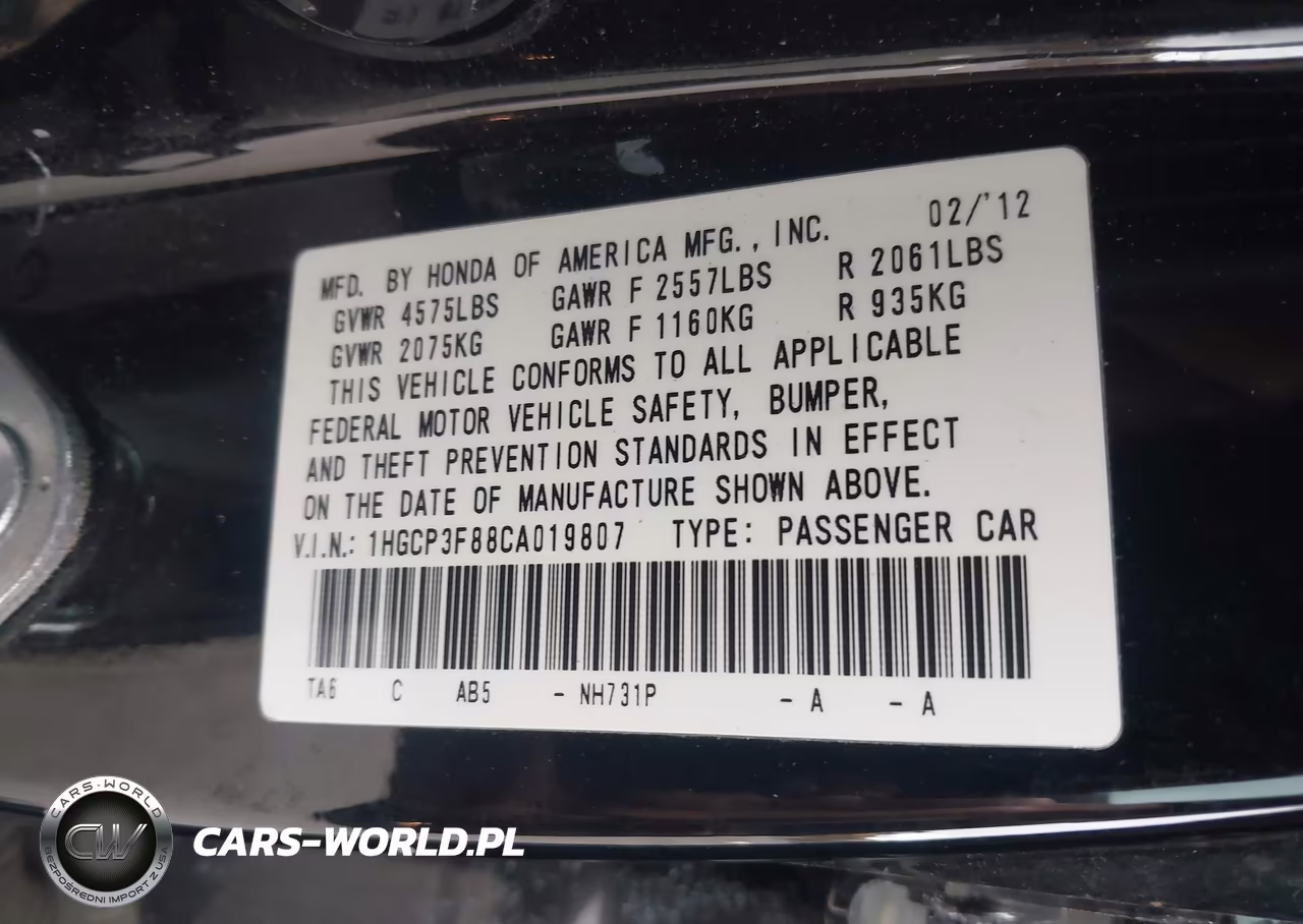 2012 Honda Accord 3.5 Ex-L VIN:1HGCP3F88CA019807 - 9