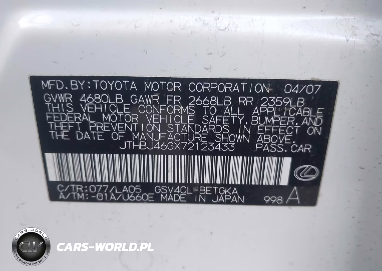 2007 Lexus Es 350 VIN:JTHBJ46GX72123433 - 9