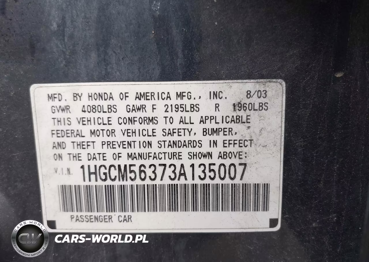 2003 Honda Accord 2.4 Lx VIN:1HGCM56373A135007 - 9