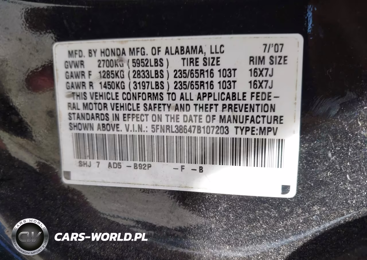 2007 Honda Odyssey Ex-L VIN:5FNRL38647B107203 - 9