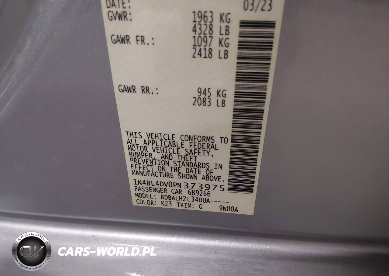 2023 Nissan Altima Sv Fwd VIN:1N4BL4DV0PN373975 - 9