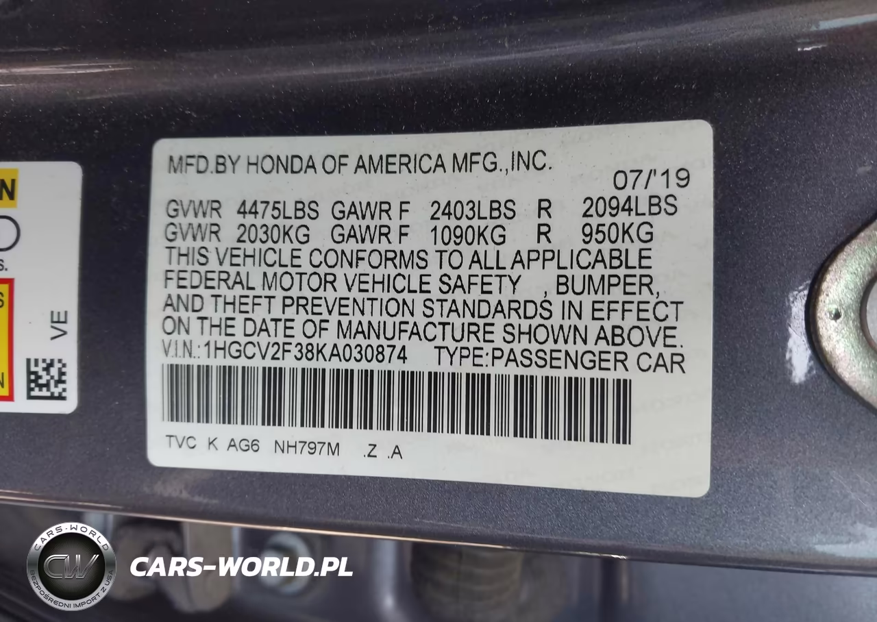 2019 Honda Accord Sport 2.0T VIN:1HGCV2F38KA030874 - 9