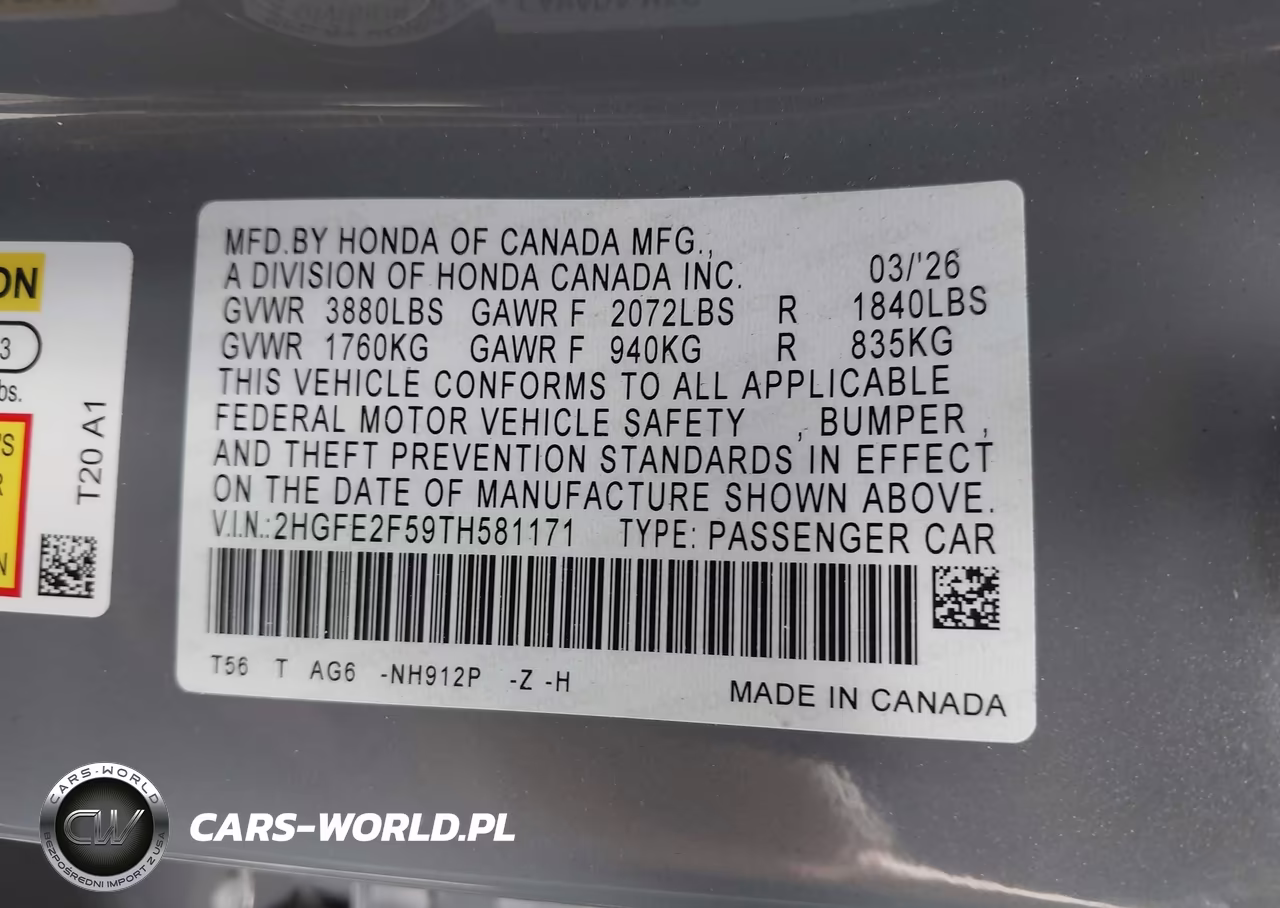 2026 Honda Civic Sport VIN:2HGFE2F59TH581171 - 9
