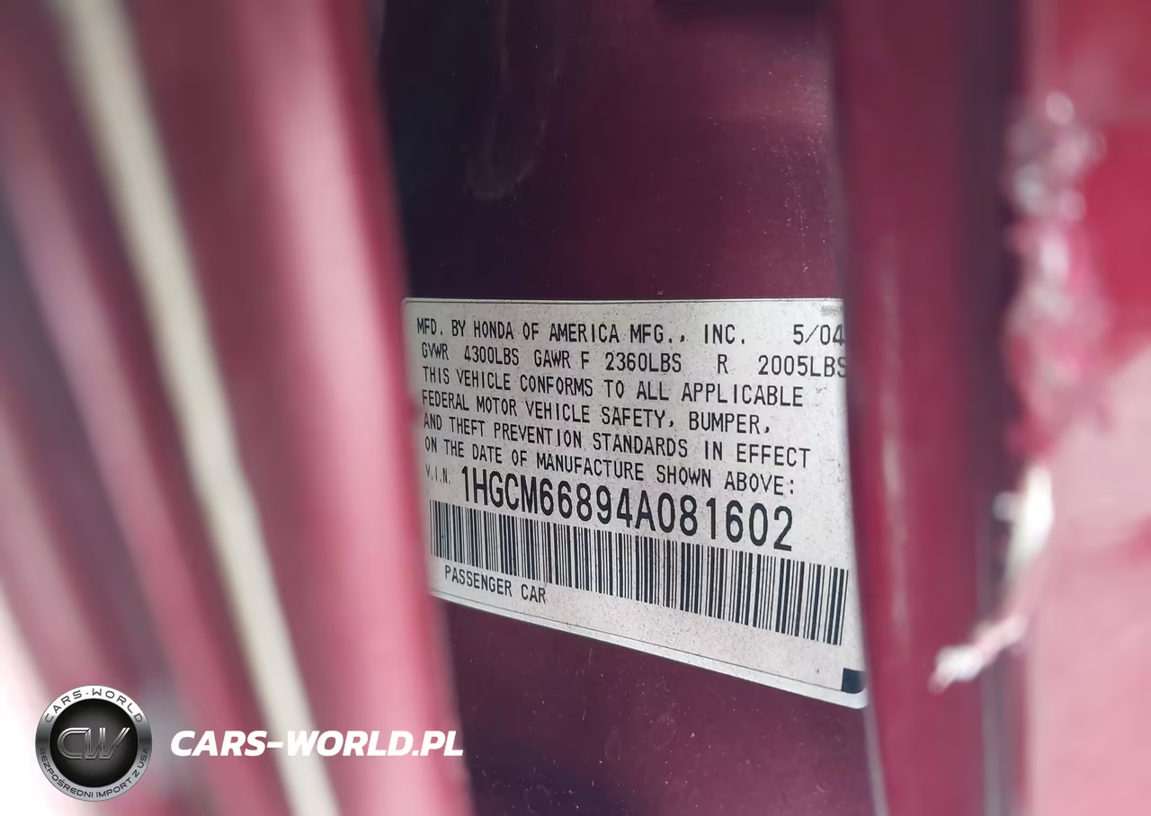 2004 Honda Accord 3.0 Ex VIN:1HGCM66894A081602 - 9