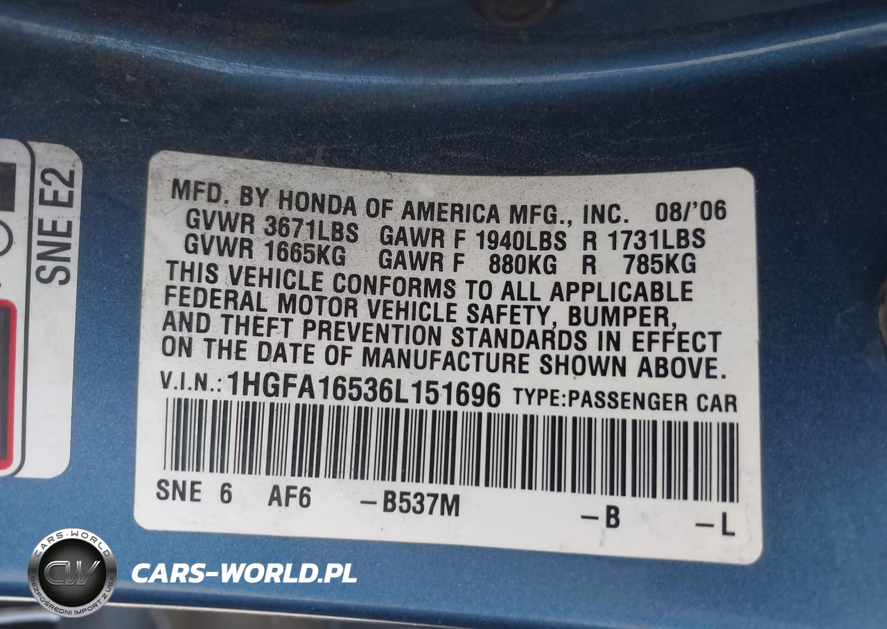 2006 Honda Civic Lx VIN:1HGFA16536L151696 - 9
