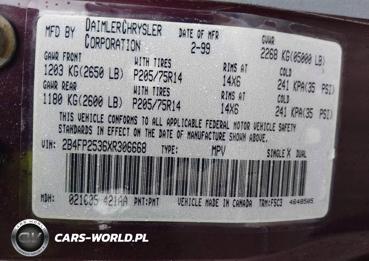 1999 Dodge Caravan VIN:2B4FP2536XR306668 - 9