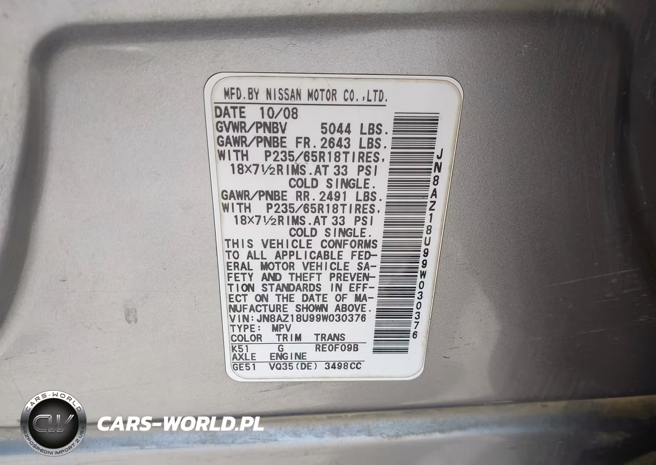 2009 Nissan Murano S VIN:JN8AZ18U99W030376 - 9