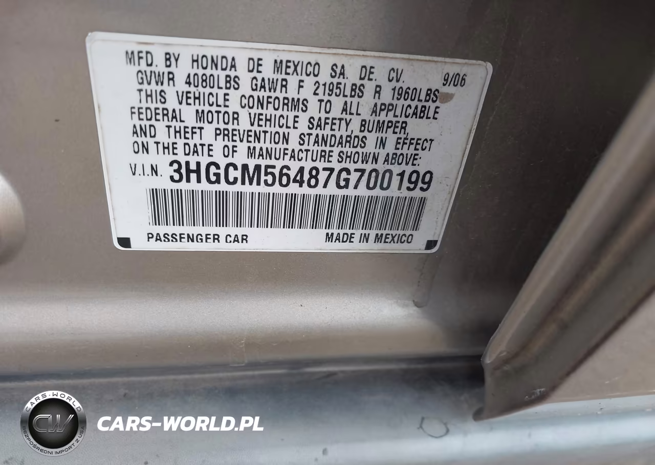 2007 Honda Accord 2.4 Lx VIN:3HGCM56487G700199 - 9