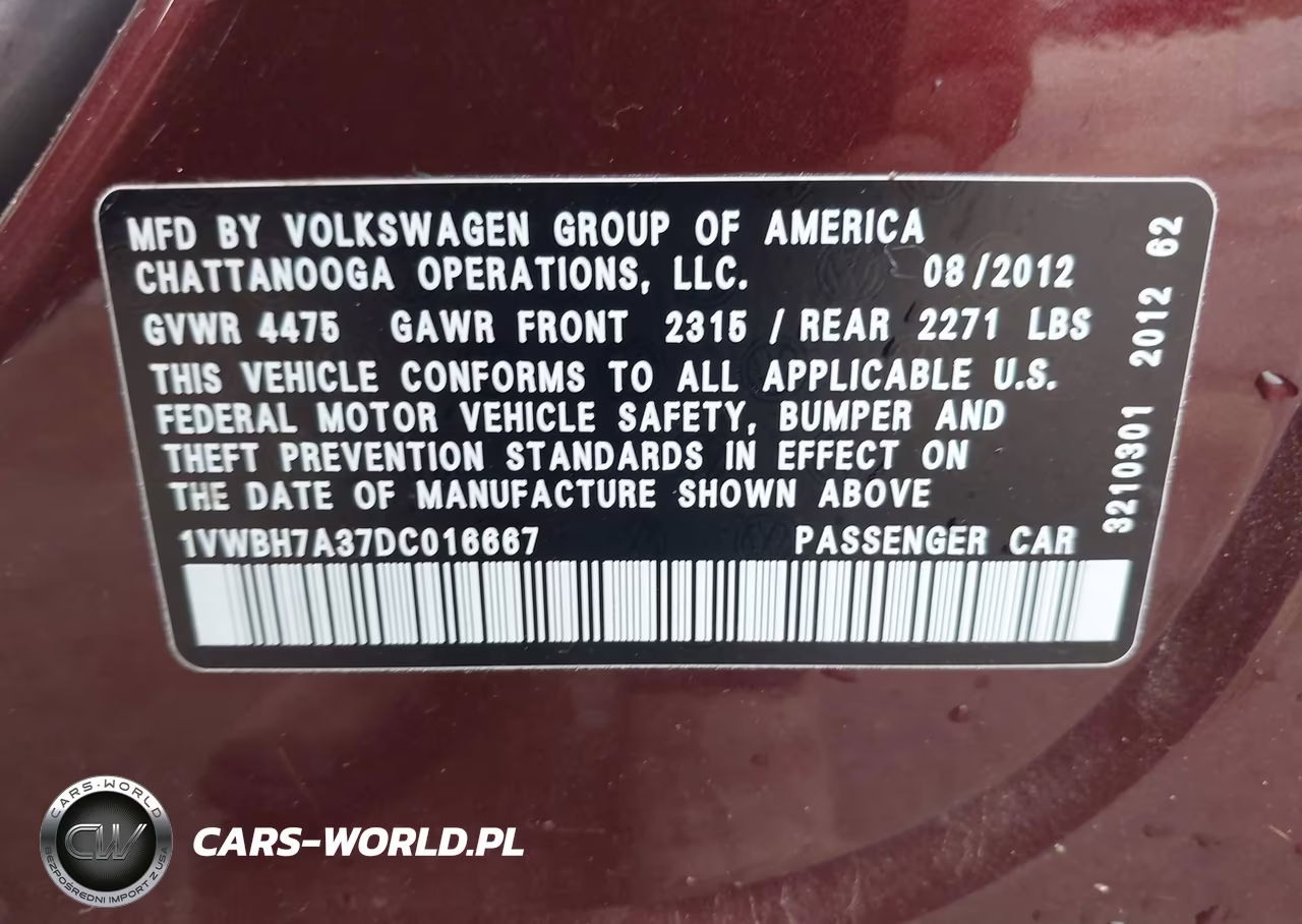 2013 Volkswagen Passat 2.5L Se VIN:1VWBH7A37DC016667 - 9