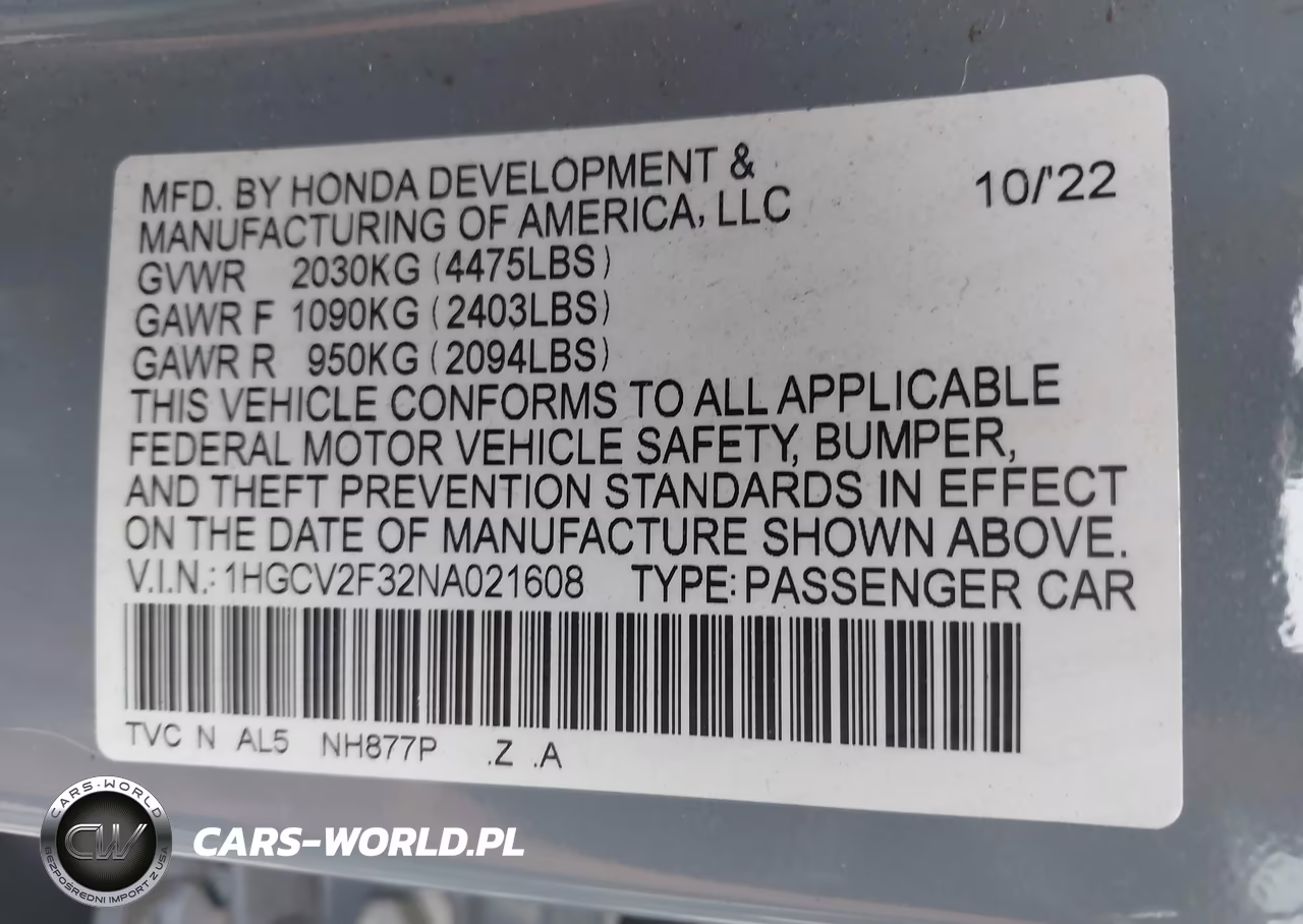 2022 Honda Accord Sport 2.0T VIN:1HGCV2F32NA021608 - 9