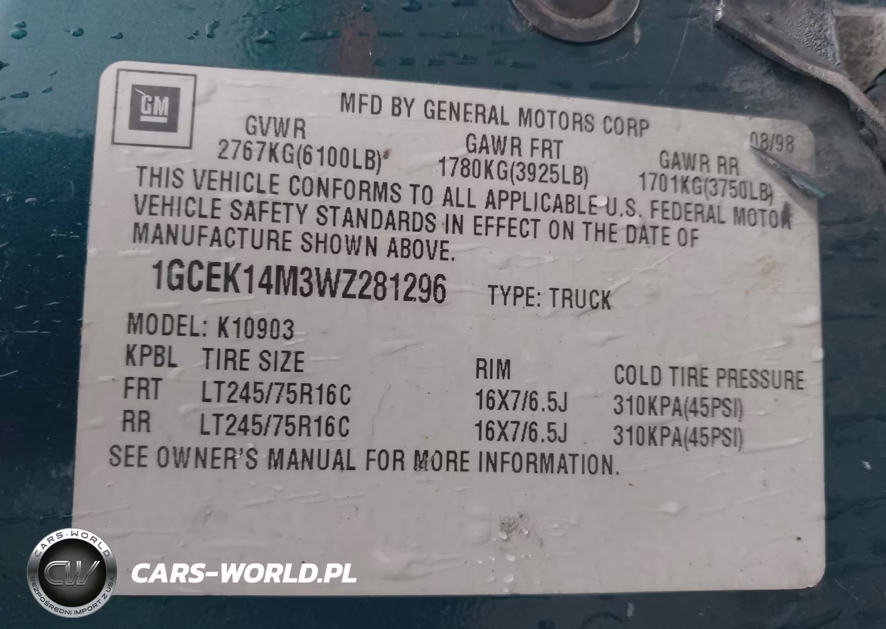 1998 Chevrolet K1500 Fleetside VIN:1GCEK14M3WZ281296 - 9