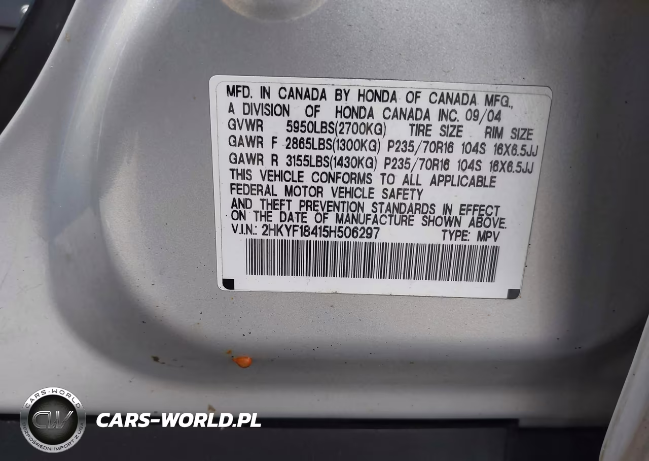 2005 Honda Pilot Ex VIN:2HKYF18415H506297 - 9