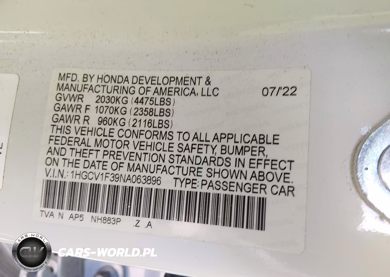 2022 Honda Accord Sport VIN:1HGCV1F39NA063896 - 9