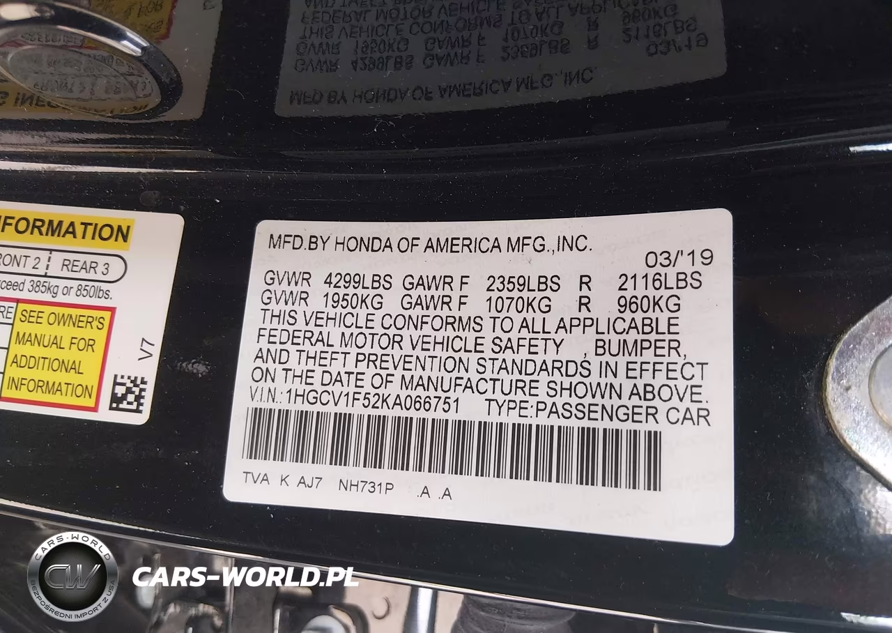 2019 Honda Accord Ex-L VIN:1HGCV1F52KA066751 - 9